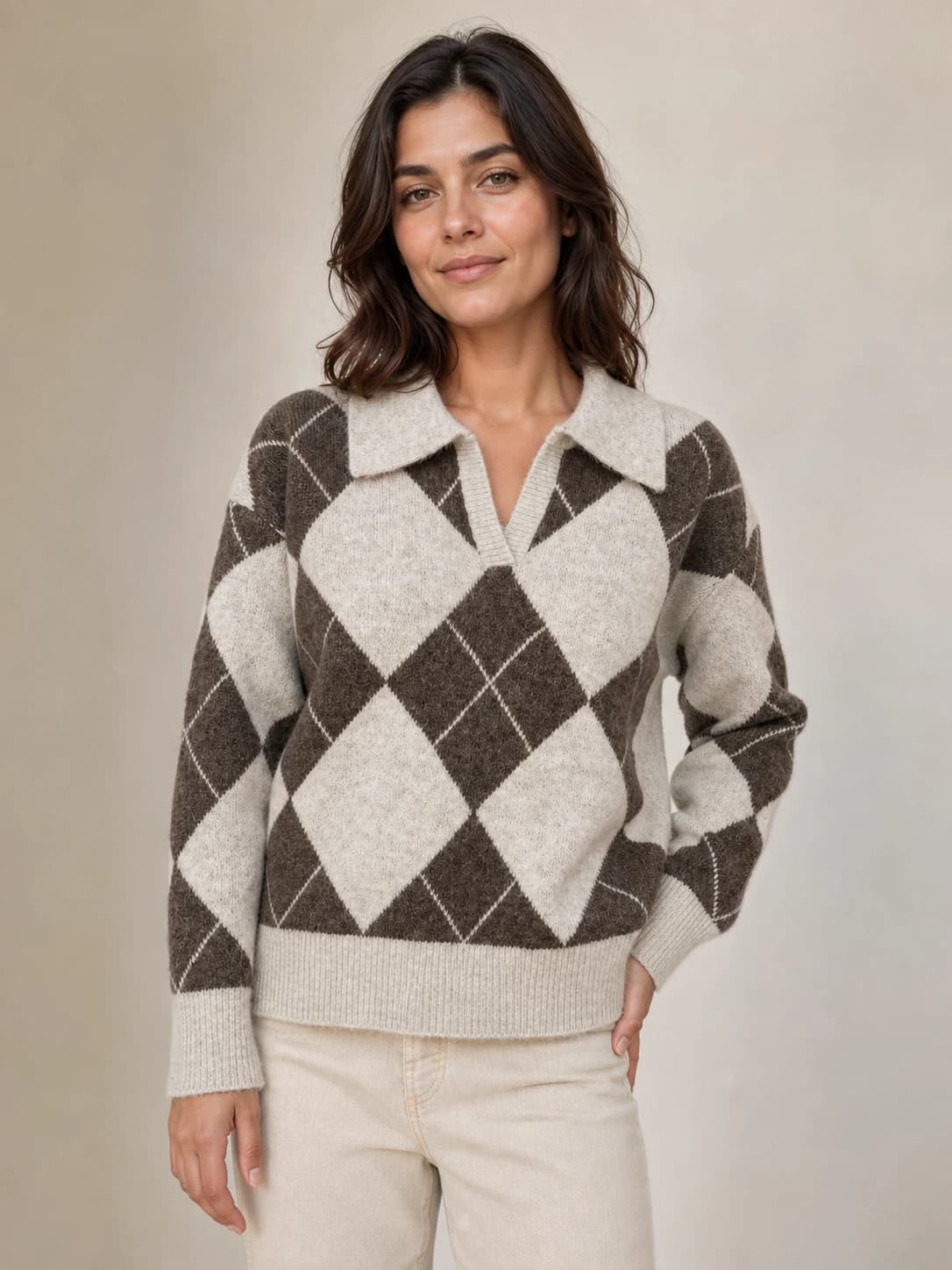 Maglia Polo Argyle Beige / Caffè Florya Moda