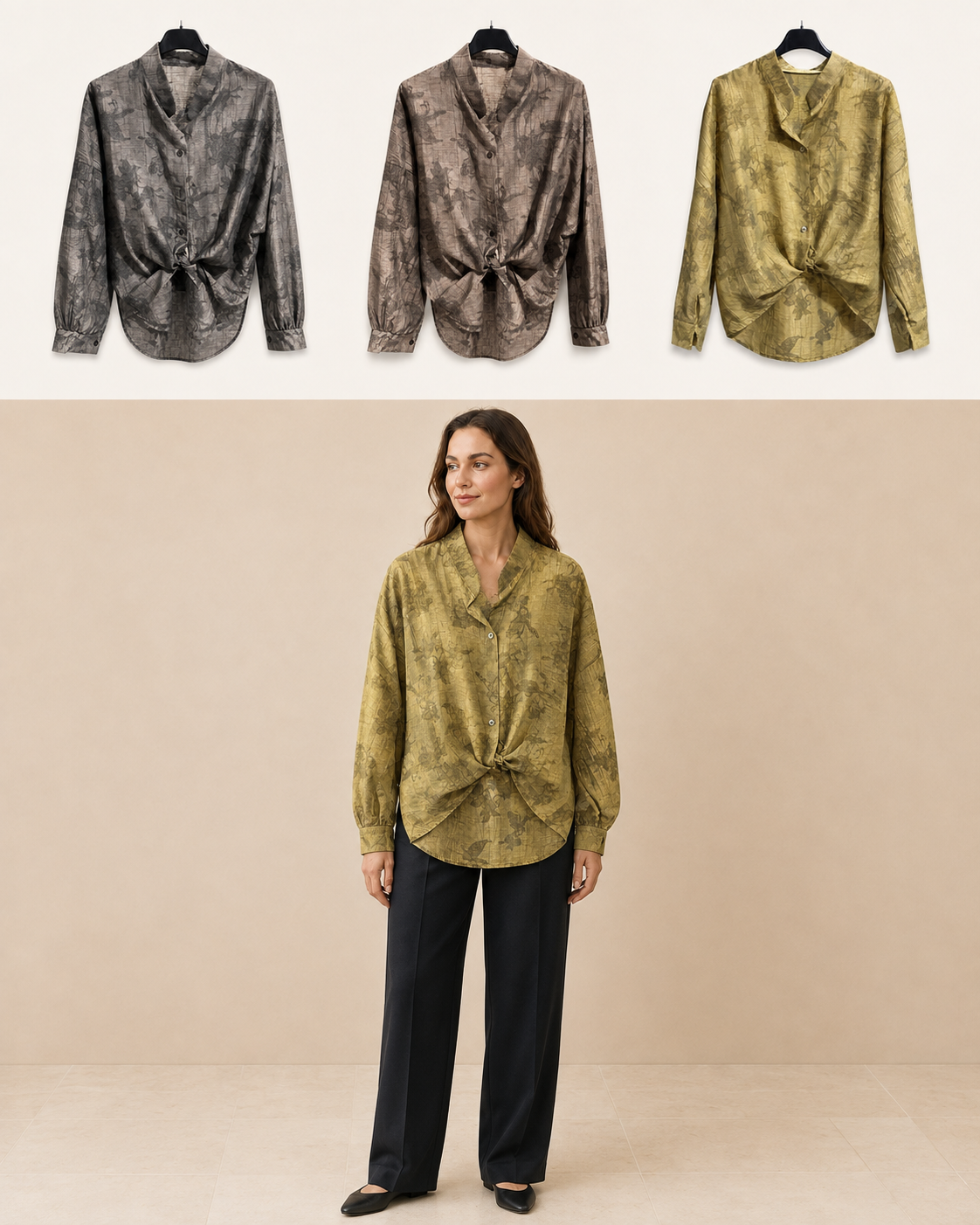 Camicia floreale con nodo, colore Olio