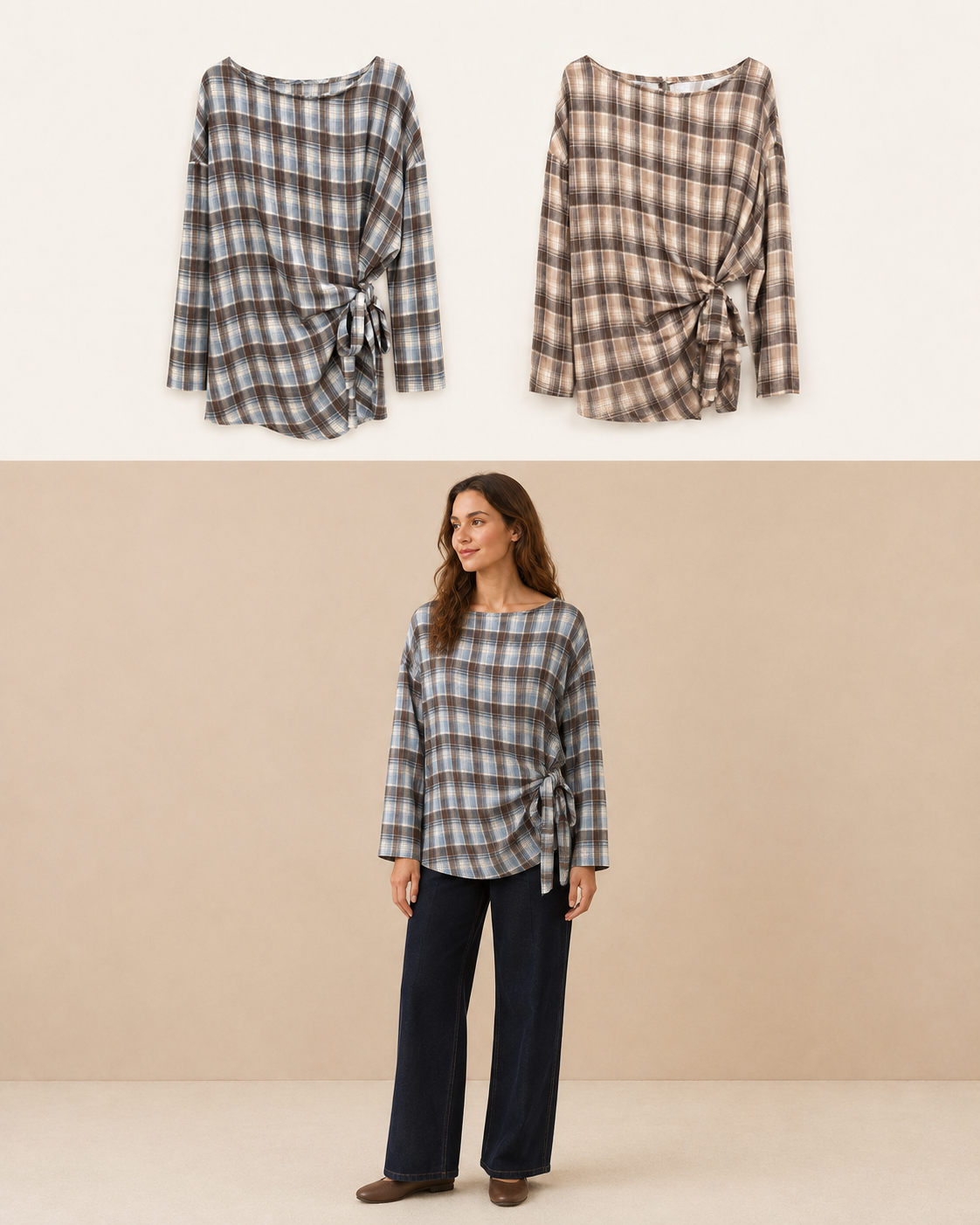 Blusa a quadri con nodo laterale, colore Celeste