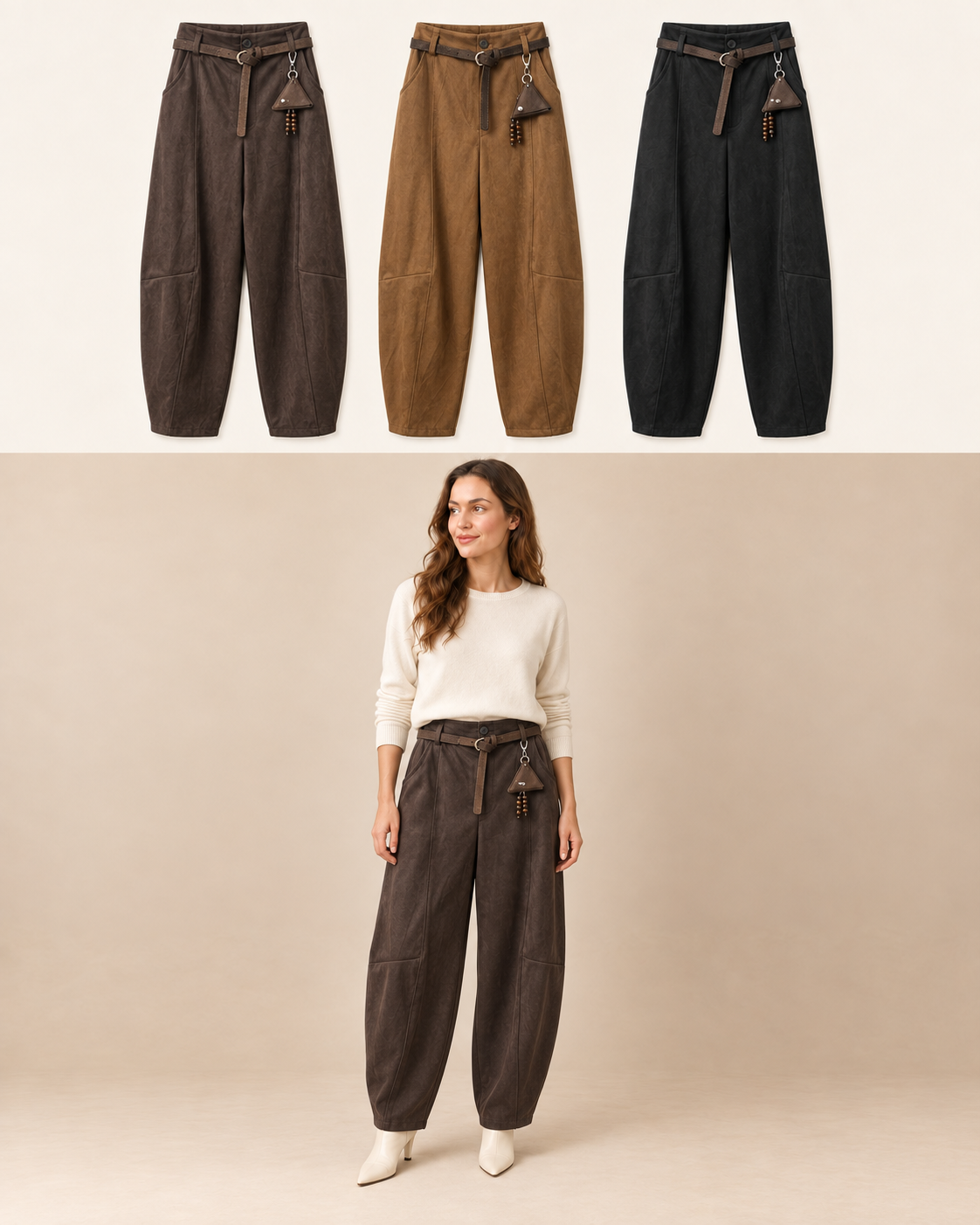 Pantalone balloon effetto camoscio Marrone Florya Moda