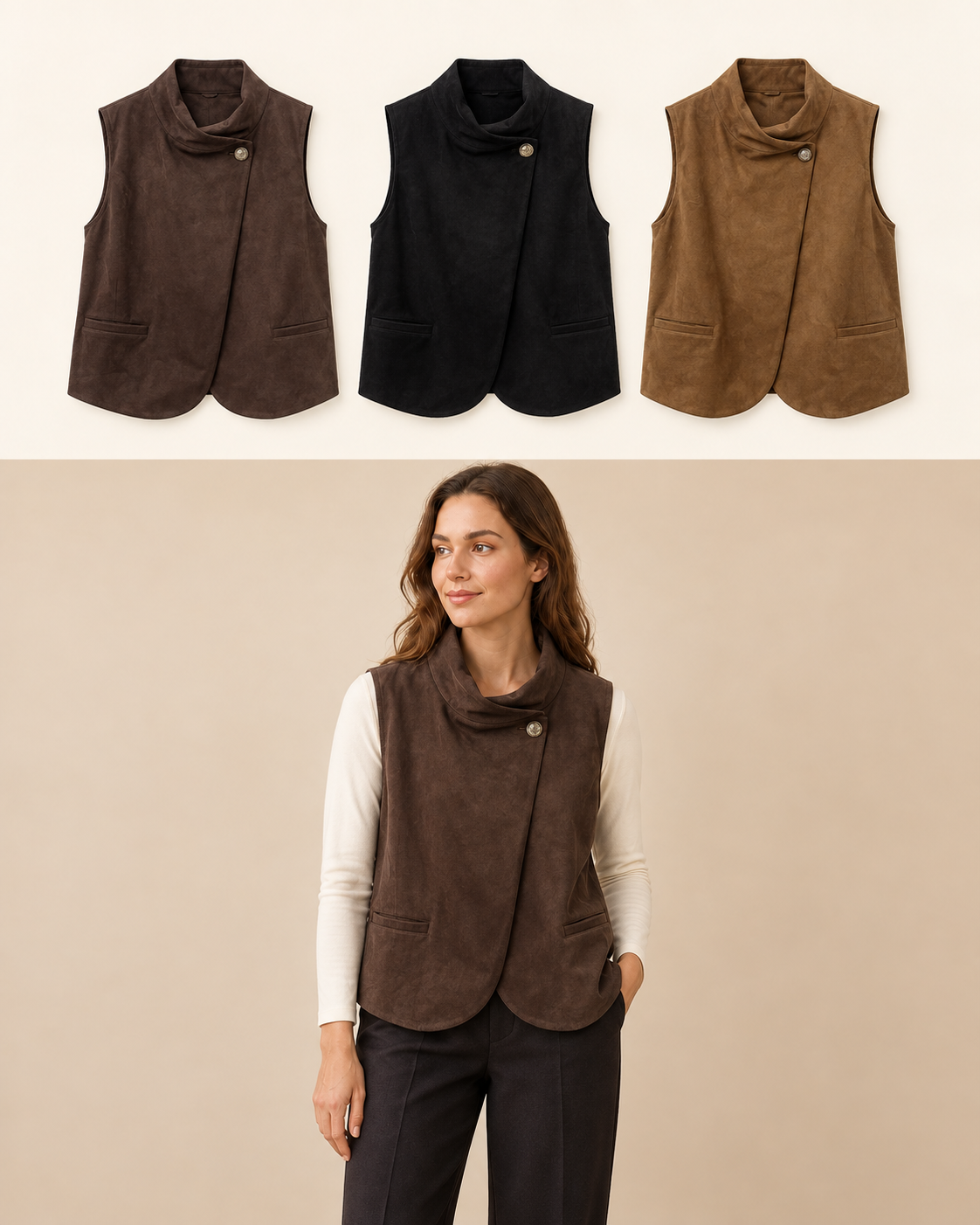 Gilet asimmetrico effetto camoscio Marrone Florya Moda