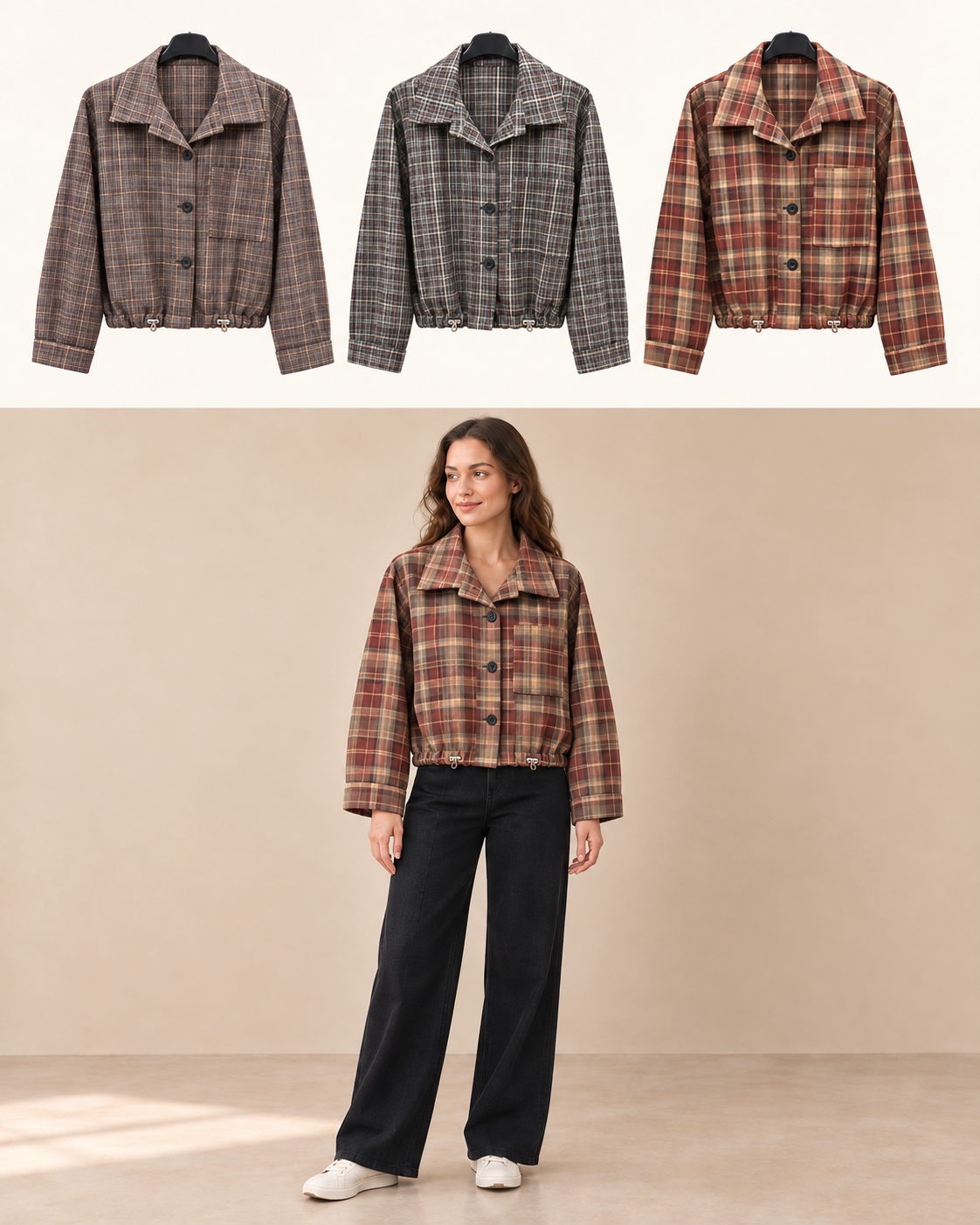 Giacca corta a quadri con coulisse Marrone Florya Moda