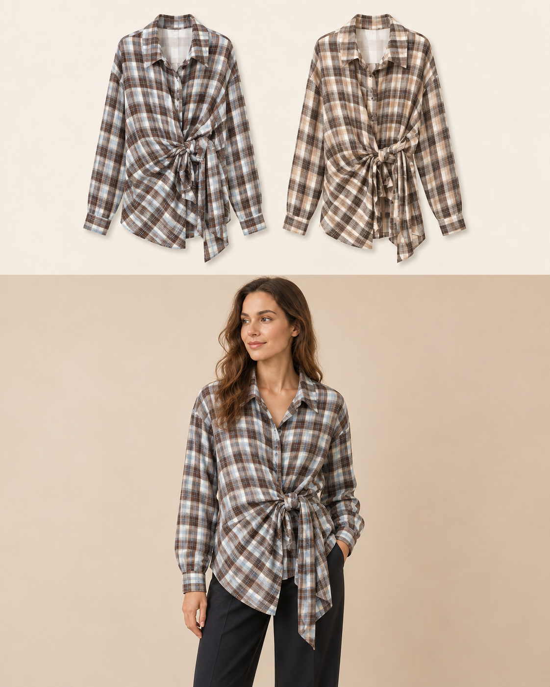 Camicia a quadri con nodo laterale Celeste Florya Moda