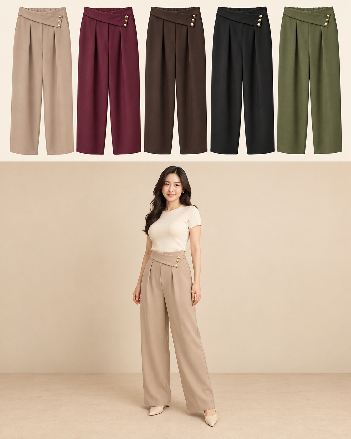 Pantalone con fascia asimmetrica e bottoni Beige Florya Moda