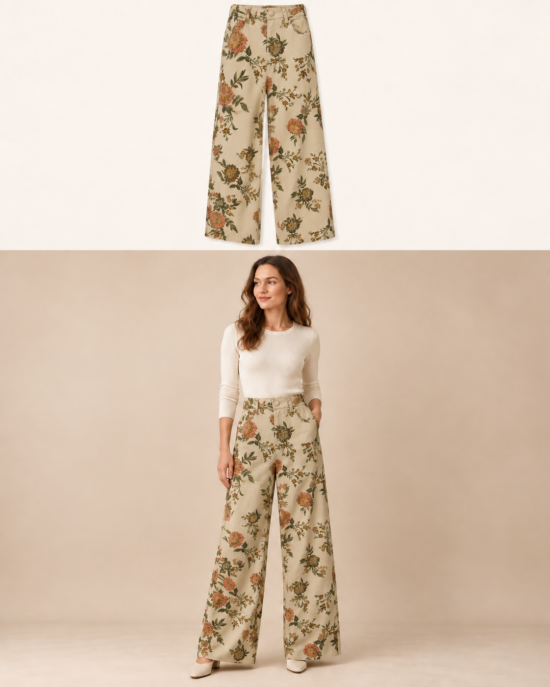 Pantalone floreale Beige floreale Florya Moda