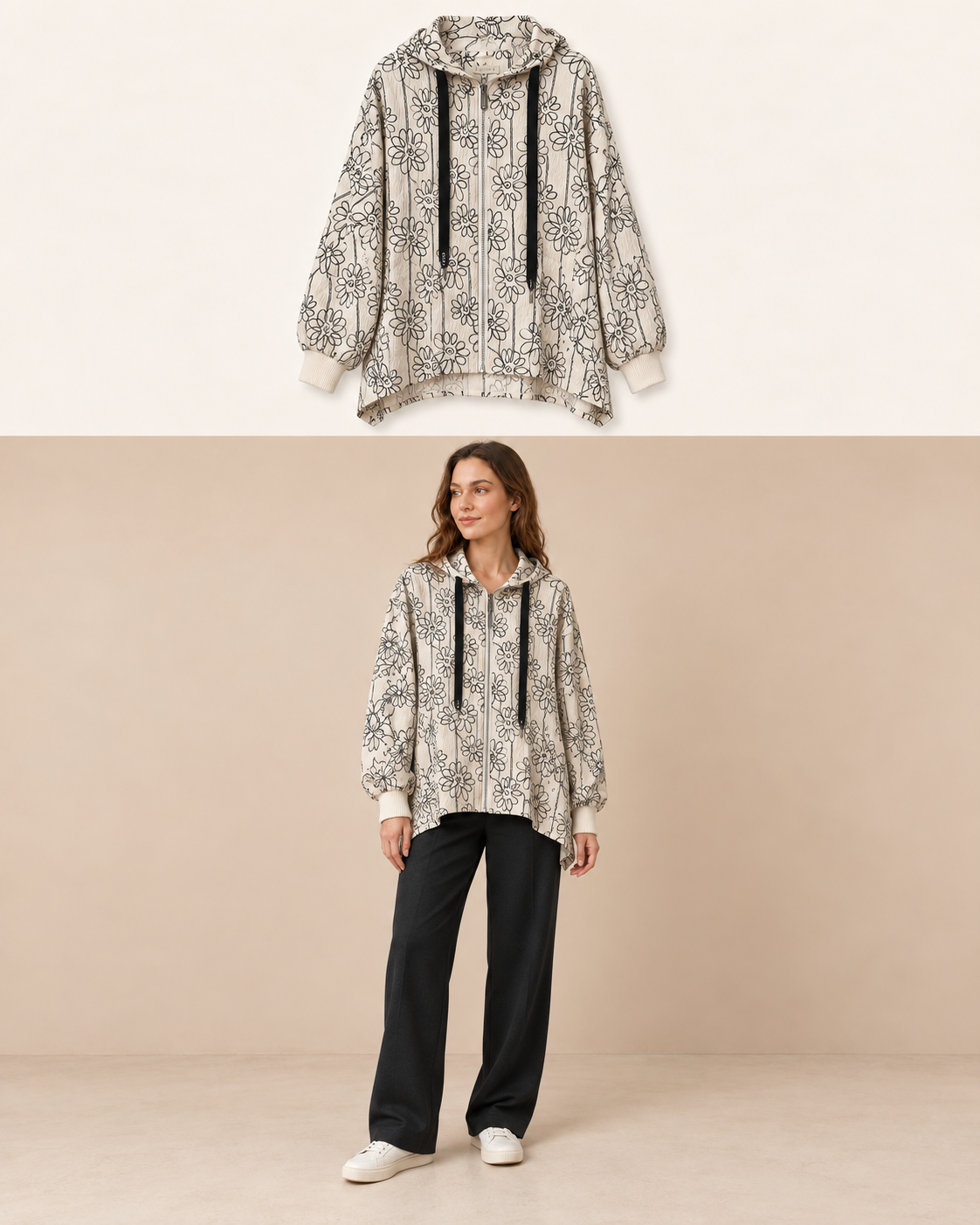 Giacca con cappuccio a margherite Avorio e nero Florya Moda