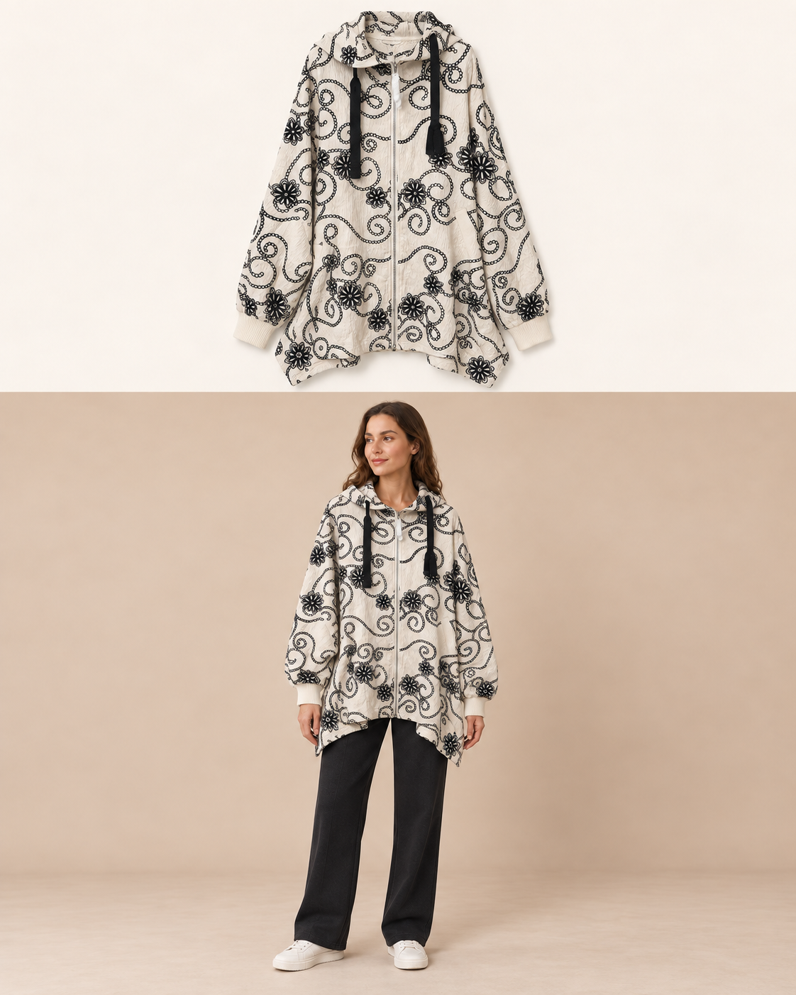 Giacca con cappuccio a fiori e volute Avorio e nero Florya Moda