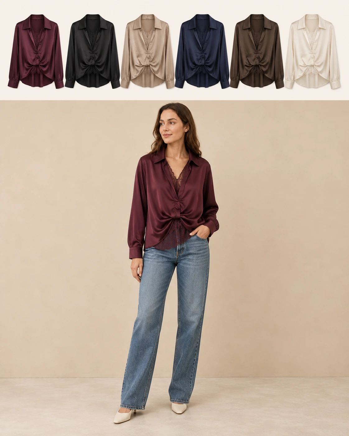 Blusa satinata con pizzo, colore Bordeaux