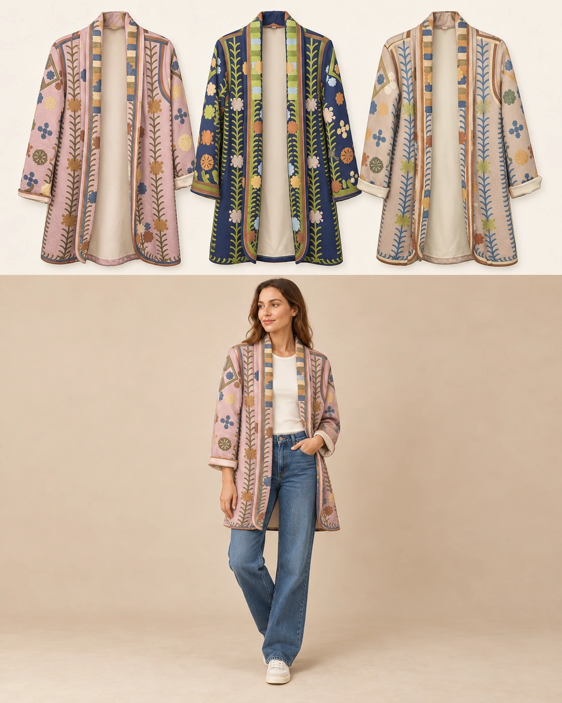 Giacca lunga a fantasia botanica Rosa Florya Moda