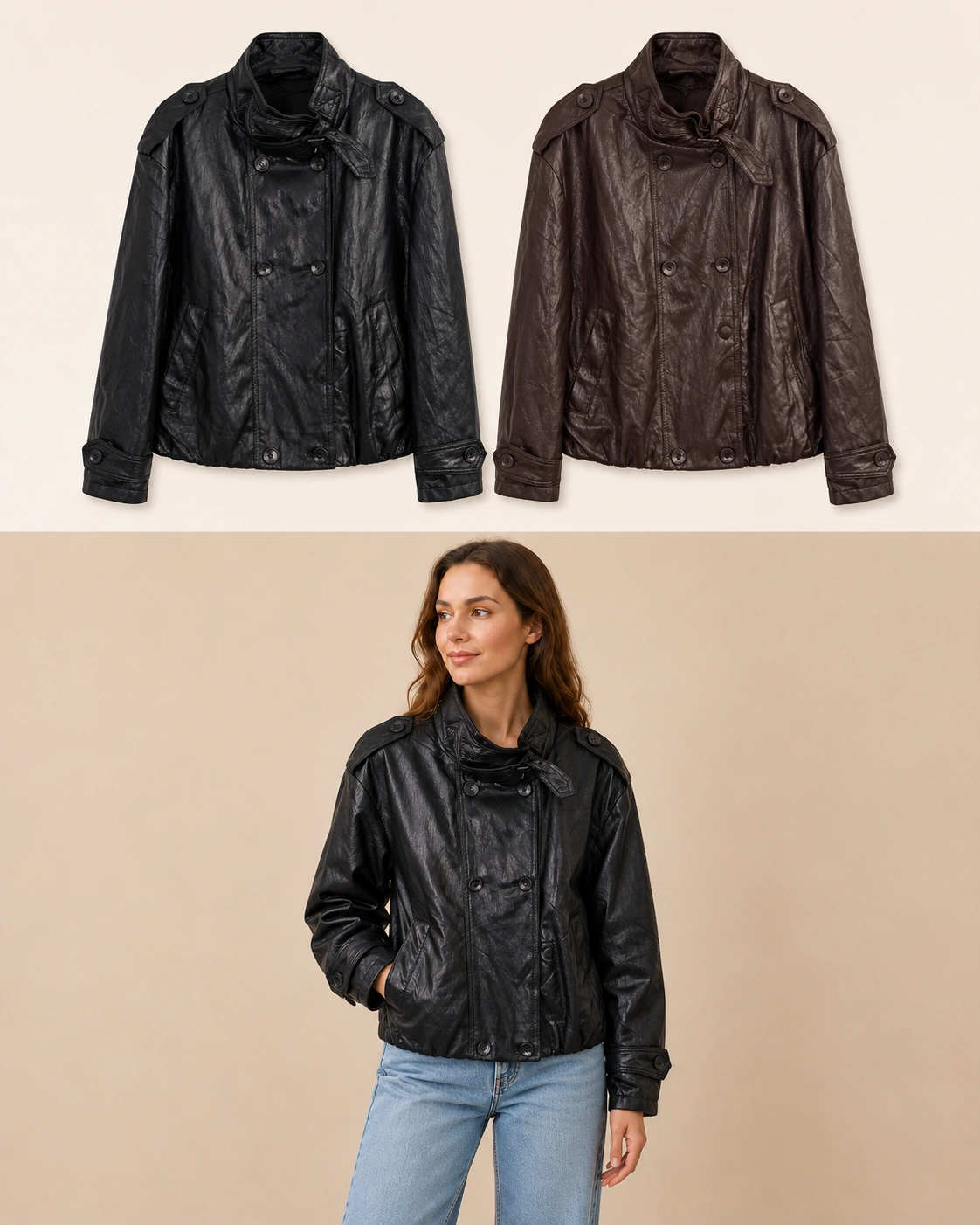 Giacca effetto pelle doppiopetto Nero Florya Moda