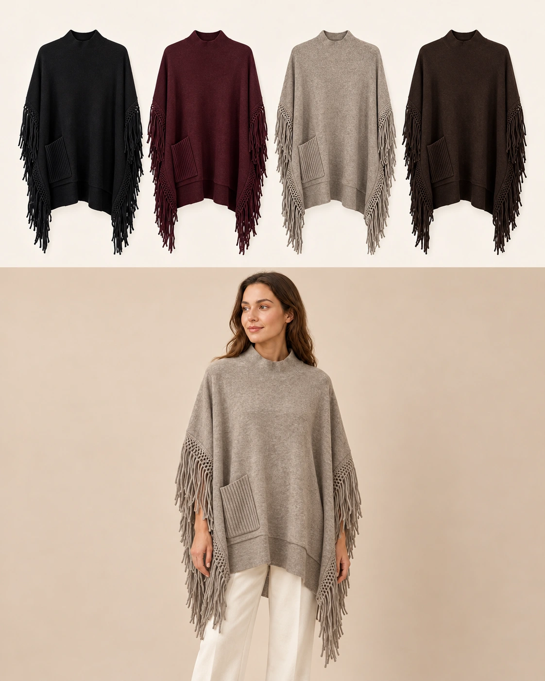Poncho con frange Nero Florya Moda