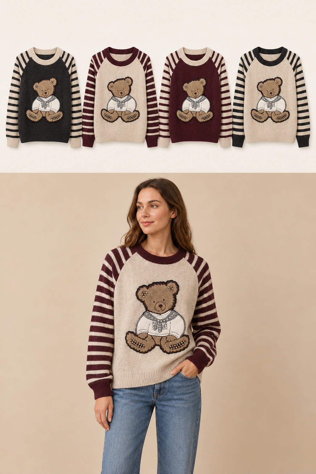 Maglia con orsetto e maniche a righe Nero / Beige Florya Moda