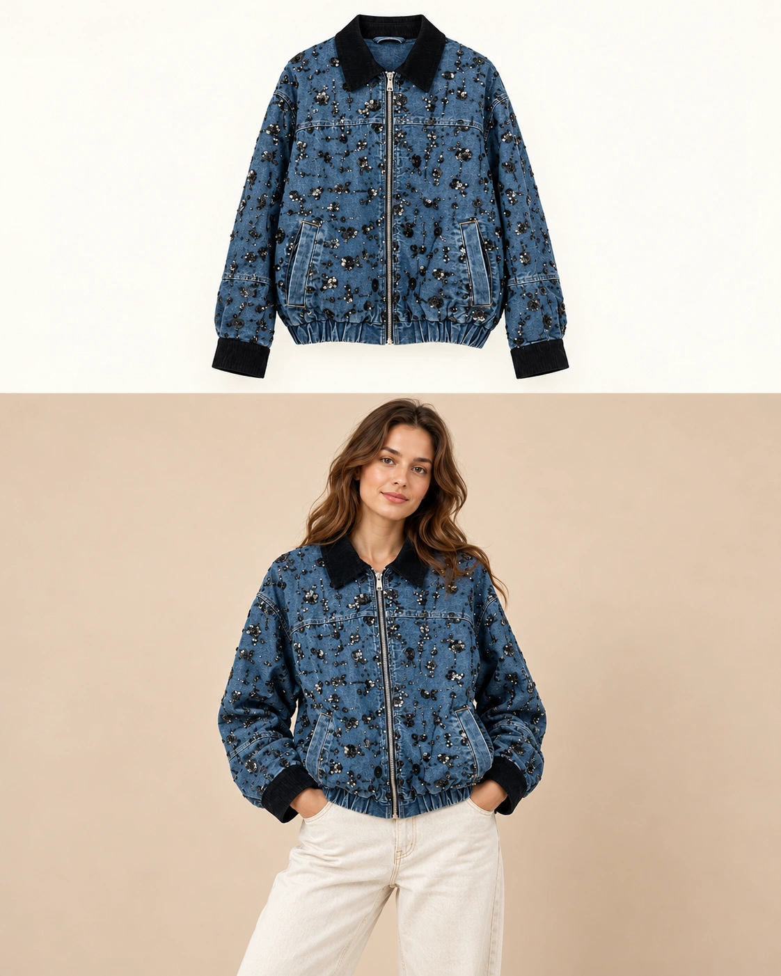 Bomber denim con paillettes floreali Blu jeans Florya Moda