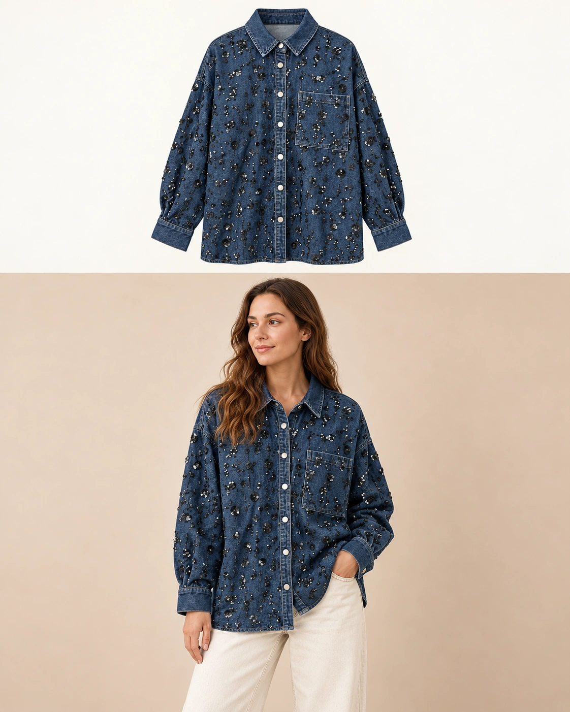 Camicia denim con paillettes floreali Blu jeans Florya Moda
