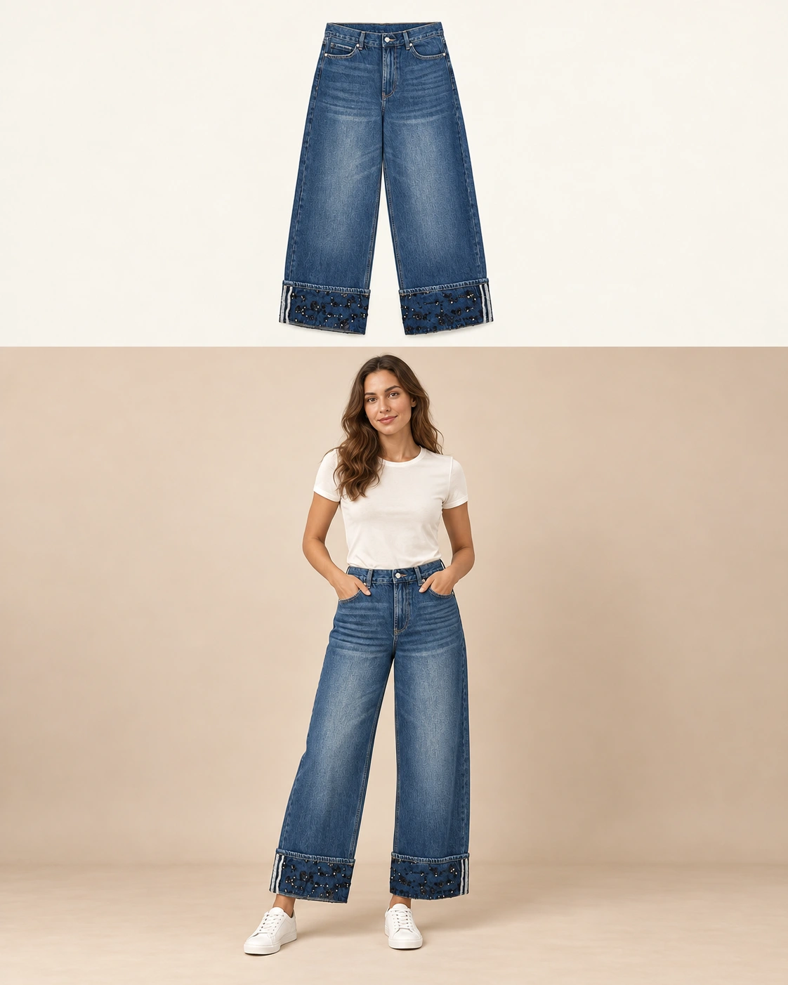 Jeans ampio con risvolti decorati Blu jeans Florya Moda