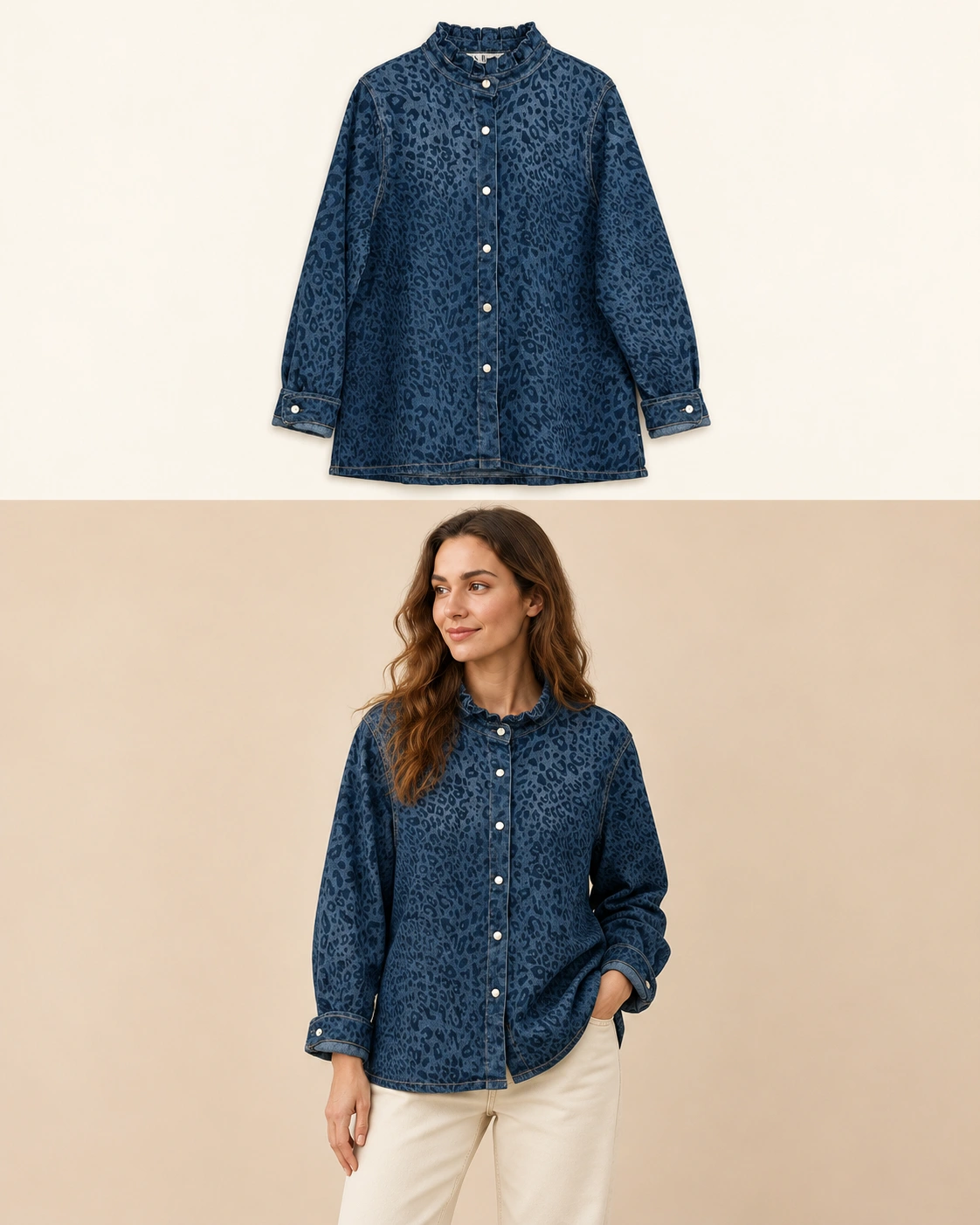 Camicia denim animalier con collo arricciato Blu animalier Florya Moda