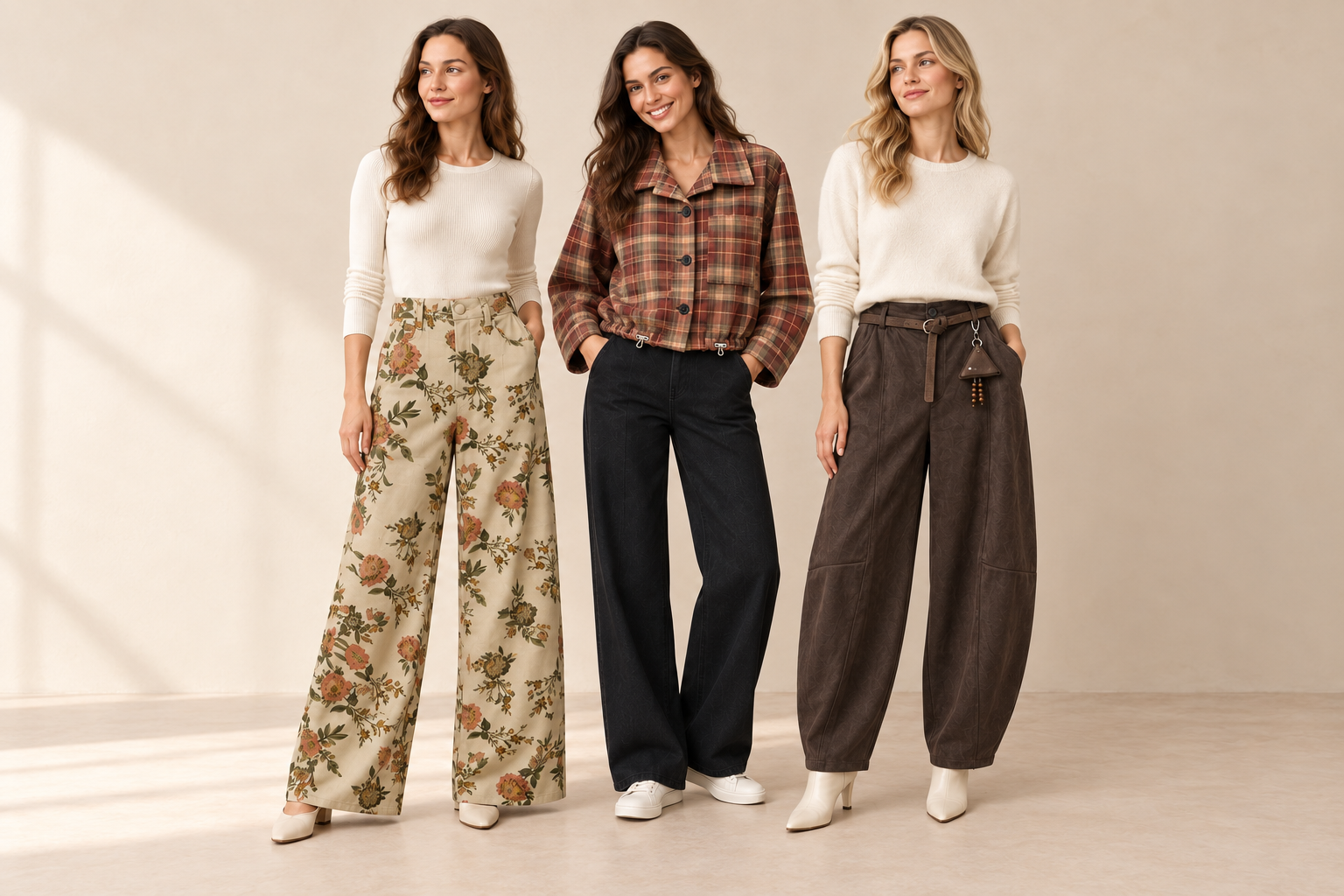 Tre modelle Florya Moda con pantalone floreale beige, giacca corta a quadri e pantalone balloon marrone effetto camoscio