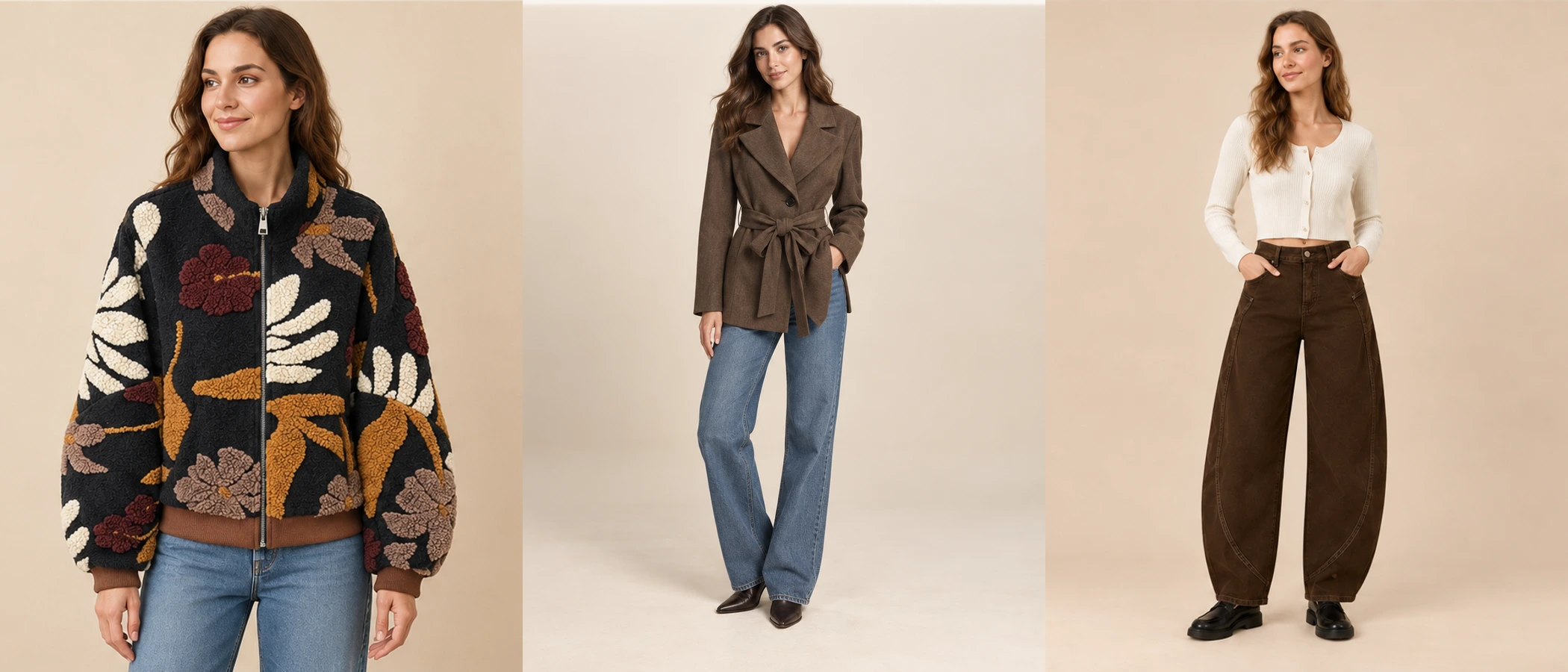 Tre look Florya Moda con bomber floreale, giacca con cintura e pantalone barrel marrone